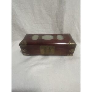 Vintage Shanghai China Rose Wood Jewelry Box Ornate Brass White Jade Silk Lined